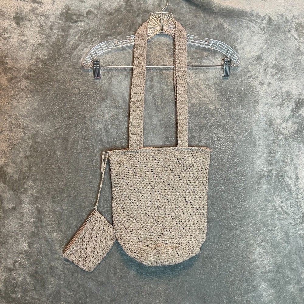 Carlo D'Santi Hand Crochet Raffia Shoulder Tote Beige Zip Top Bucket Hobo Bag
